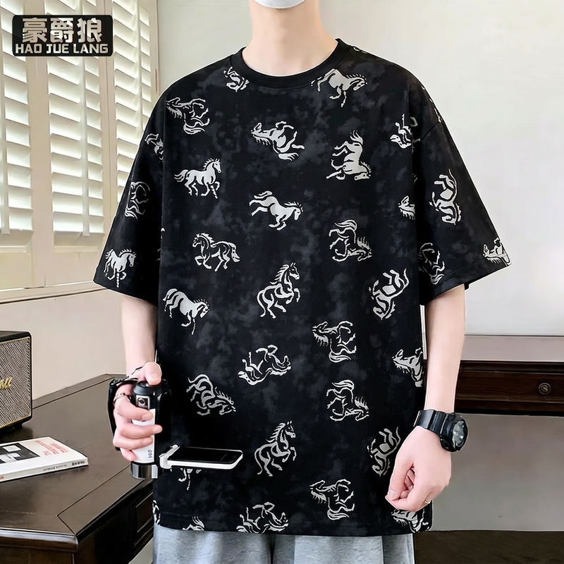 13518986.夏季新款欧货男士圆领短袖T恤烧花马图案帅气个性宽松百搭半袖潮