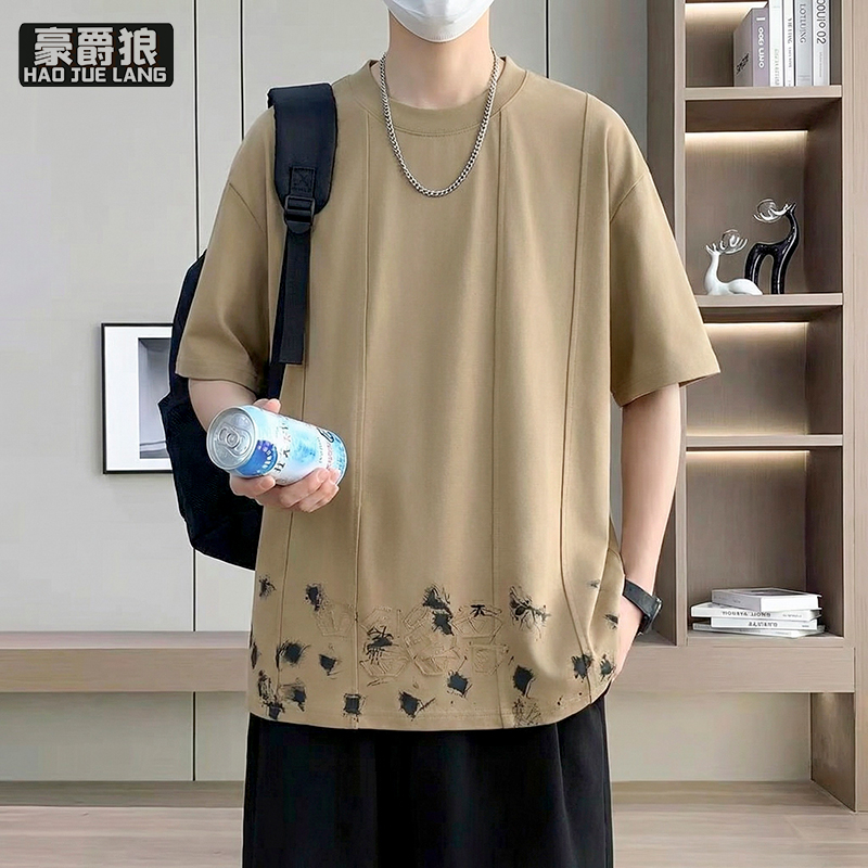 13518976.设计感拼色t恤男短袖夏季高端质感透气丝光棉圆领体恤半袖上衣服