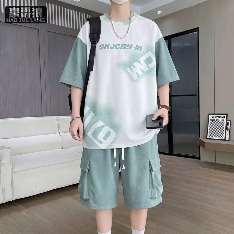 13518994.夏季休闲T恤工装短裤青少年男短袖套装初高中学生上衣运动两件套