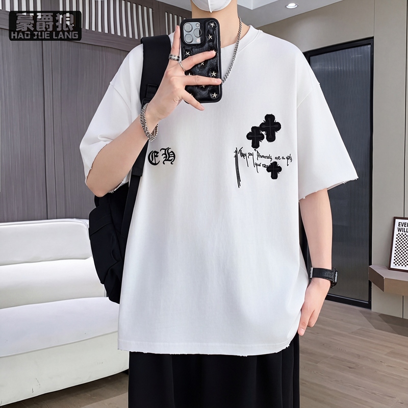 13519009.夏季重磅潮牌十字架贴布刺绣短袖T恤男士宽松休闲落肩袖上衣