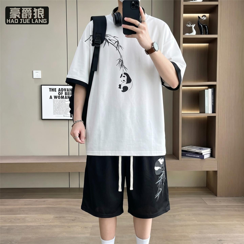 13519023.新中式短袖男夏季套装熊猫竹叶国风印花t恤短裤两件套青少年男装