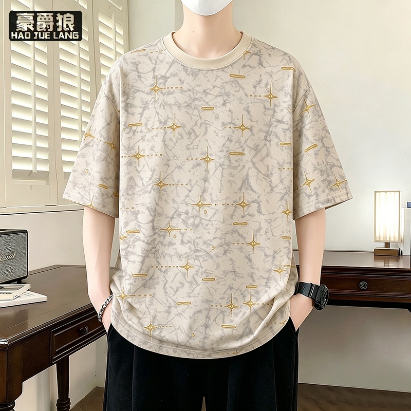 13518984.夏季高级感新款潮牌撞色晕染印花圆领短袖T恤百搭情侣复古上衣男