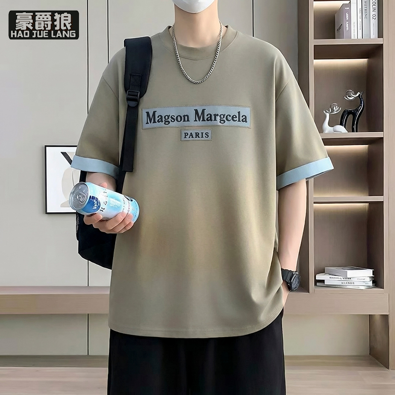 13519031.夏季新款圆领休闲男美式潮流宽松印花拼色百搭薄款半袖打底衫T恤