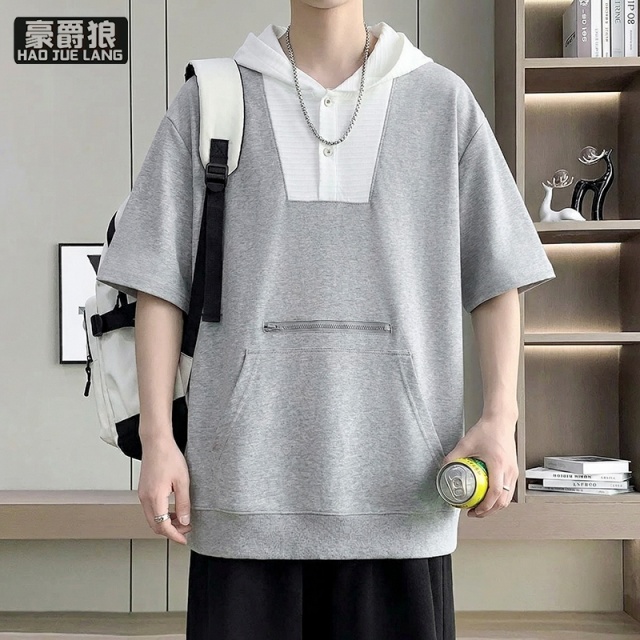 13519030.青少年连帽短袖t恤男款夏季潮牌卫衣体恤初中高中生痞帅半袖体恤
