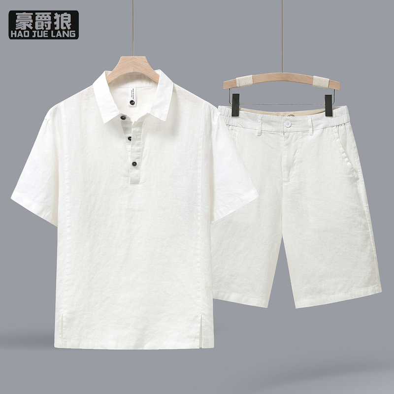 13518998.老钱风高档亚麻男士短袖套装夏季休闲薄款透气翻领衬衫短裤两件装
