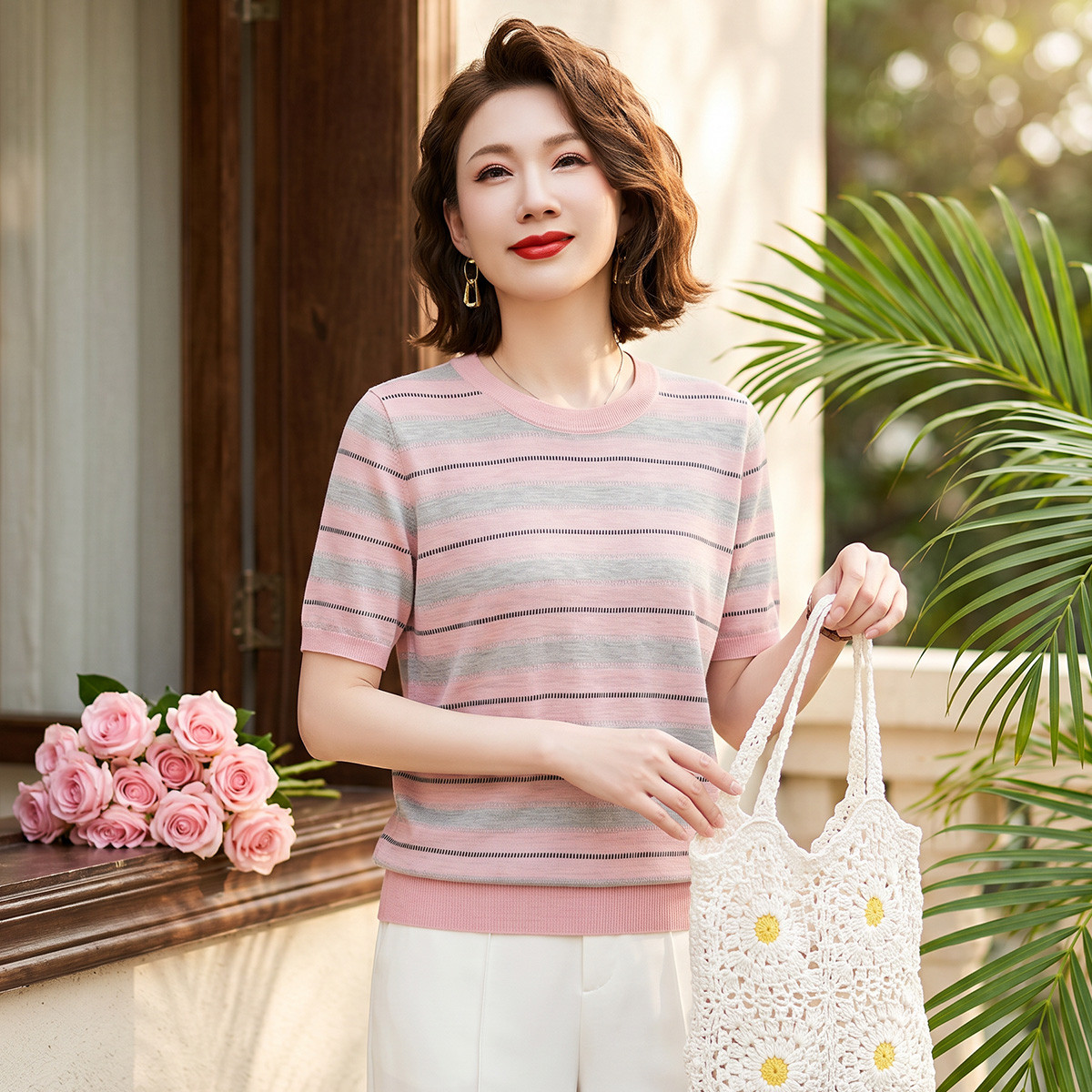 13519233.中老年女式针织衫夏季短袖圆领套头春夏妈妈装条纹百搭夏装上衣