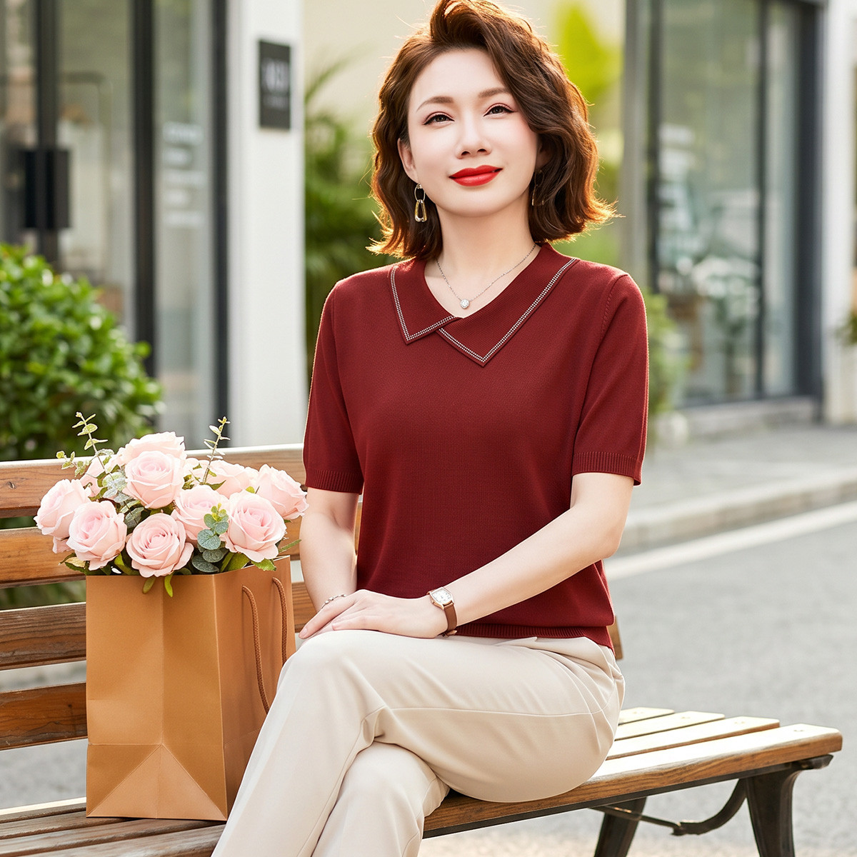 13519248.中年女士夏季薄款针织衫时尚短袖翻领上衣中老年妈妈时尚夏装