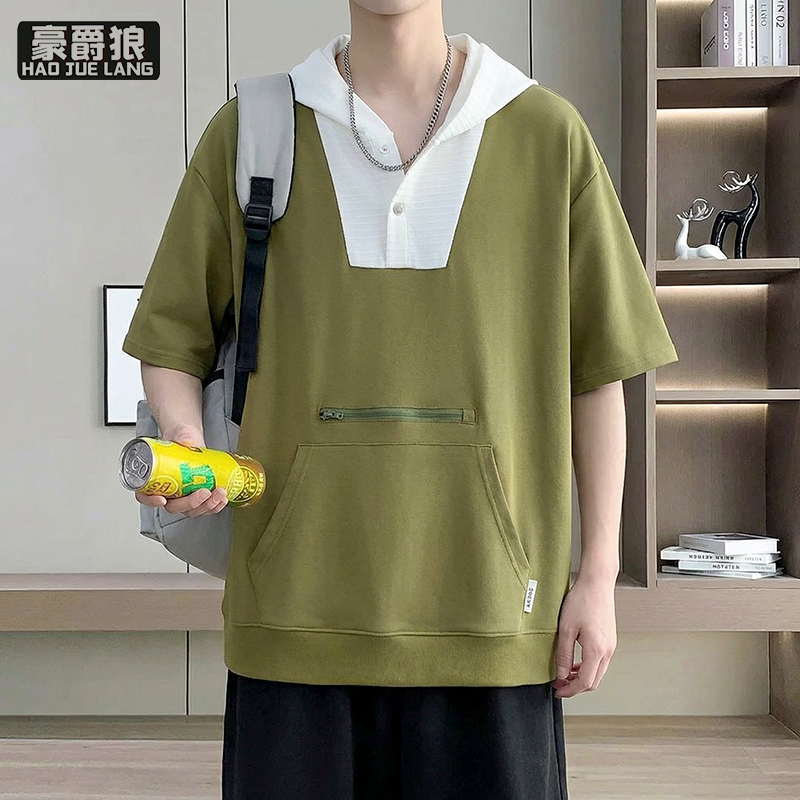 13519030.青少年连帽短袖t恤男款夏季潮牌卫衣体恤初中高中生痞帅半袖体恤