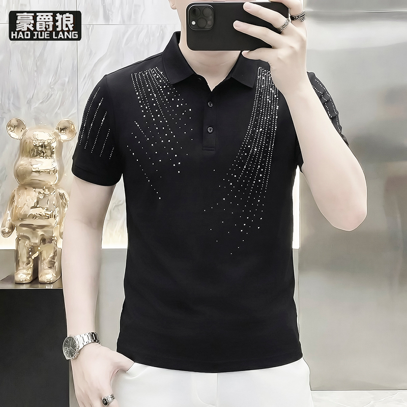 13519037.男装夏季男士高端欧版POLO衫重磅纯棉烫钻休闲翻领冰丝T恤