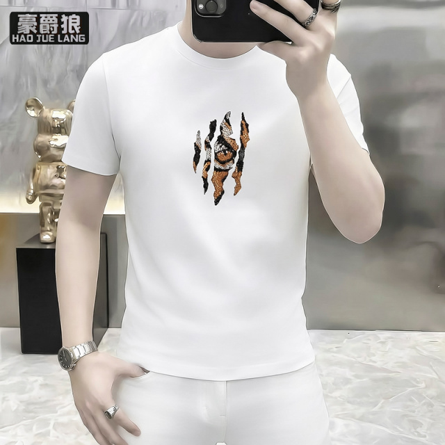 13519041.欧货轻奢男士针织冰丝短袖T恤提花个性百搭夏季半袖上衣潮流小衫