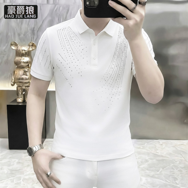 13519037.男装夏季男士高端欧版POLO衫重磅纯棉烫钻休闲翻领冰丝T恤