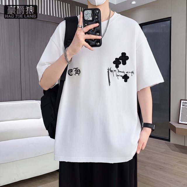 13519009.夏季重磅潮牌十字架贴布刺绣短袖T恤男士宽松休闲落肩袖上衣