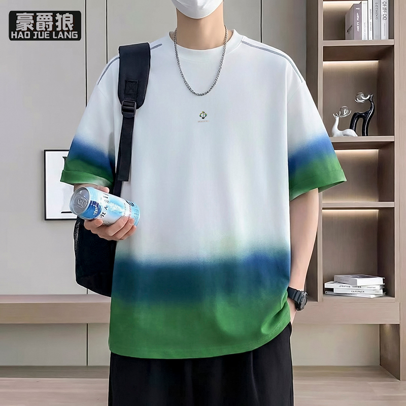 13518999.绿色渐变短袖T恤男个性扎染青少年学生T恤衫时尚夏季高品质半袖装