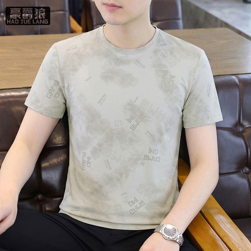 13518978.冰感高弹满花字母圆领短袖t恤男士夏季时尚新款高端衣服上衣体恤
