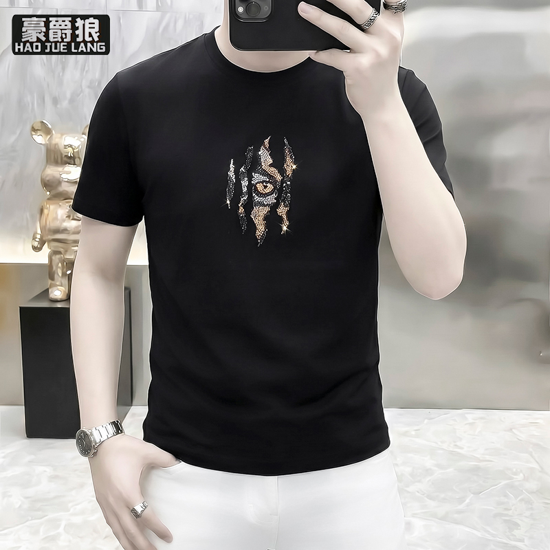 13519041.欧货轻奢男士针织冰丝短袖T恤提花个性百搭夏季半袖上衣潮流小衫