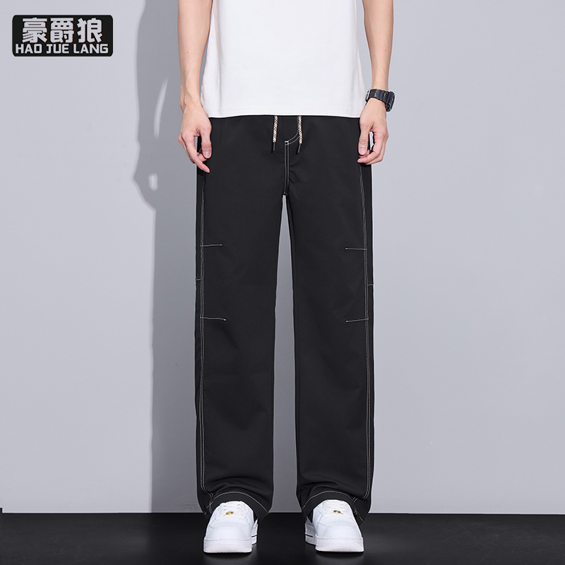 13519025.休闲裤男夏季潮牌复古高街捏褶拼接透气垂坠感宽松阔腿裤