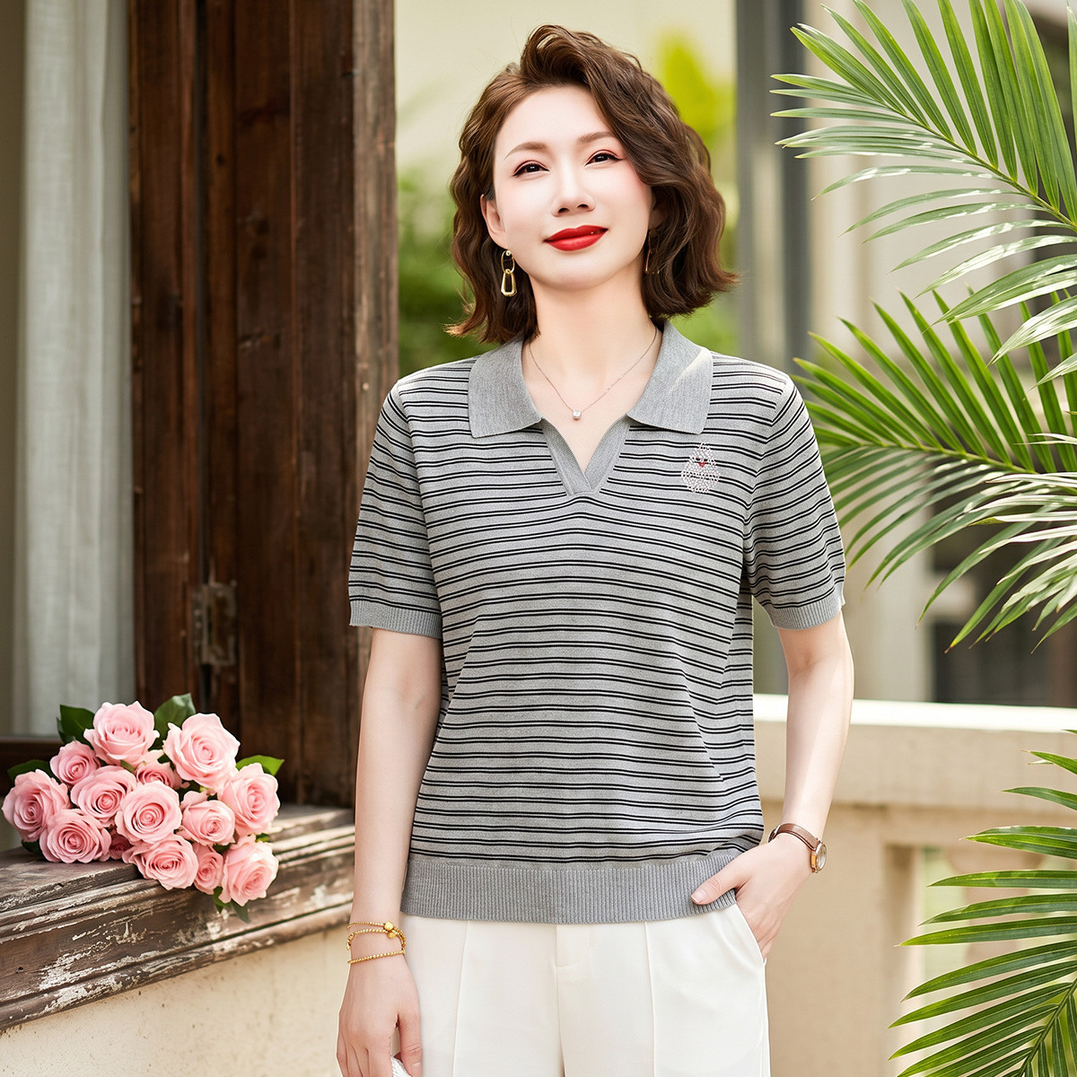 13519254.妈妈装女式针织衫夏季短袖翻领套头春夏百搭中老年女装夏装上衣