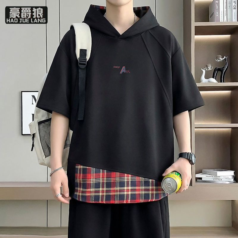 13519050.重磅假两件短袖T恤男夏季连帽拼接宽松休闲潮牌高级感半袖上衣t恤