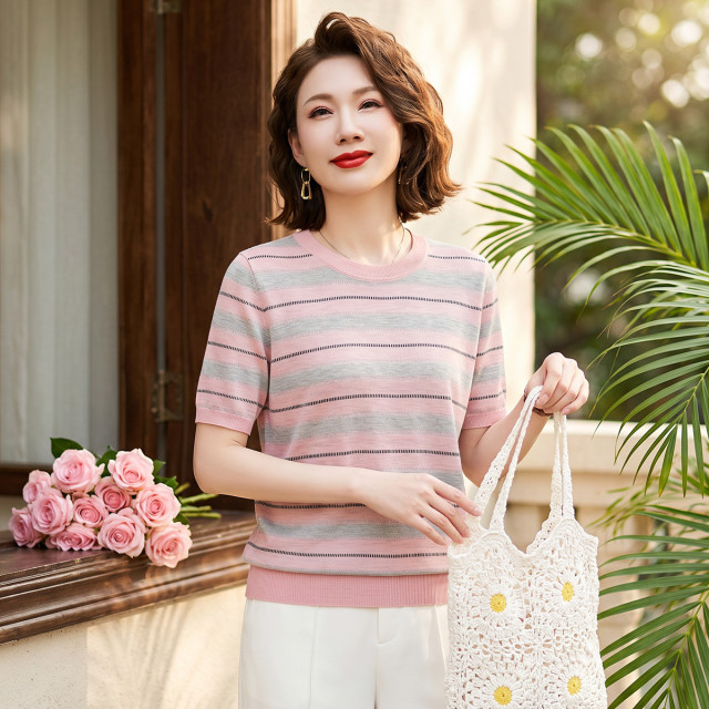 13519233.中老年女式针织衫夏季短袖圆领套头春夏妈妈装条纹百搭夏装上衣