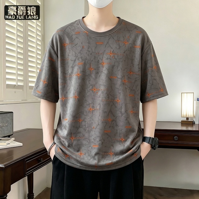 13518984.夏季高级感新款潮牌撞色晕染印花圆领短袖T恤百搭情侣复古上衣男