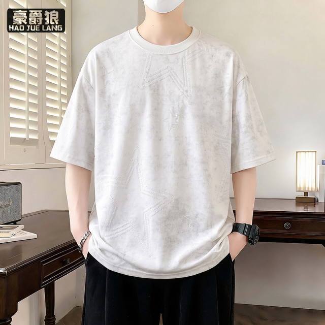 13518987.扎染短袖t恤男青少年夏季港风落肩袖阔版T恤男生渐变粉色休闲上衣