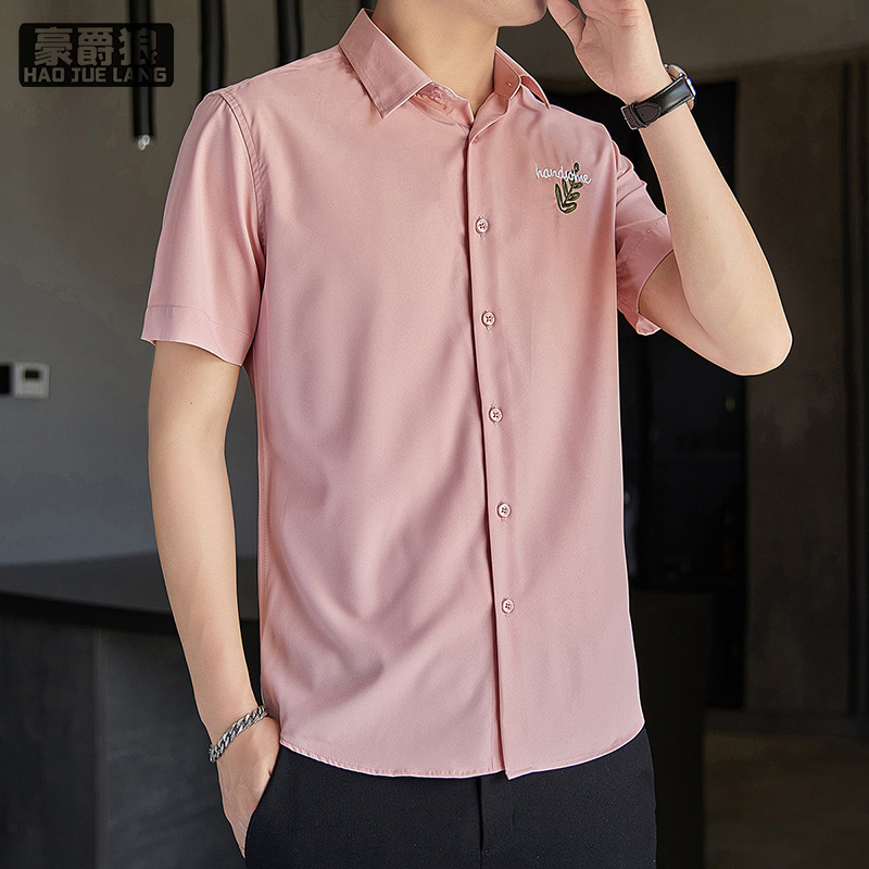 13519069.刺绣短袖衬衫男士夏季薄款修身百搭衬衣男款男生休闲帅气夏装通勤