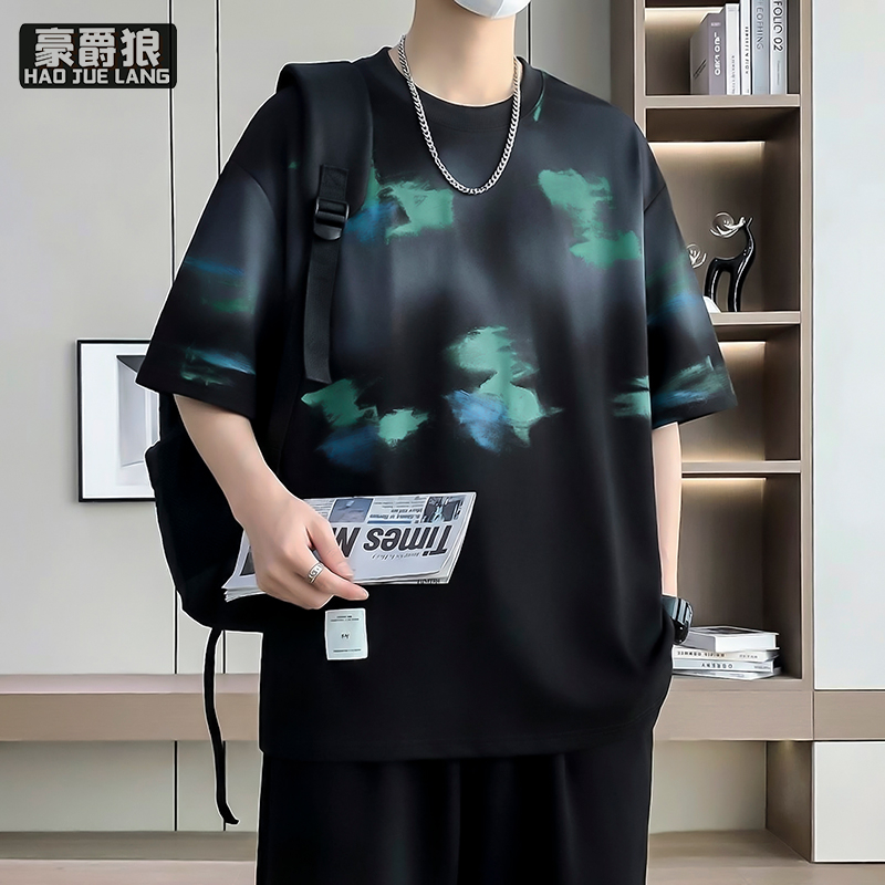 13519026.渐变手绘印花短袖t恤男款夏季爆款时尚新款美式休闲百搭半袖上衣T