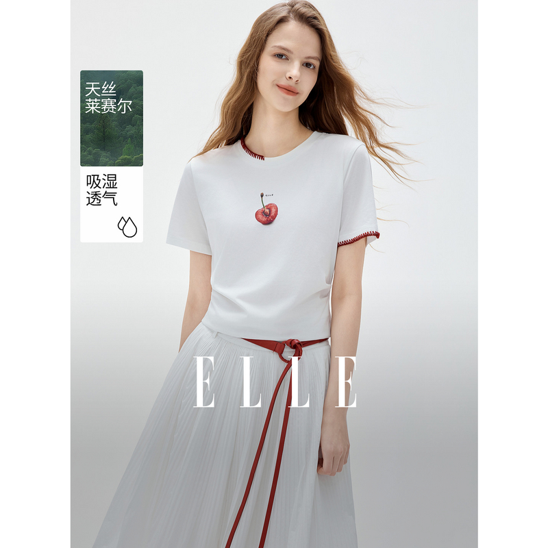 13520621.ELLE抽褶收腰女式T恤都市休闲风特种绣花设计上衣