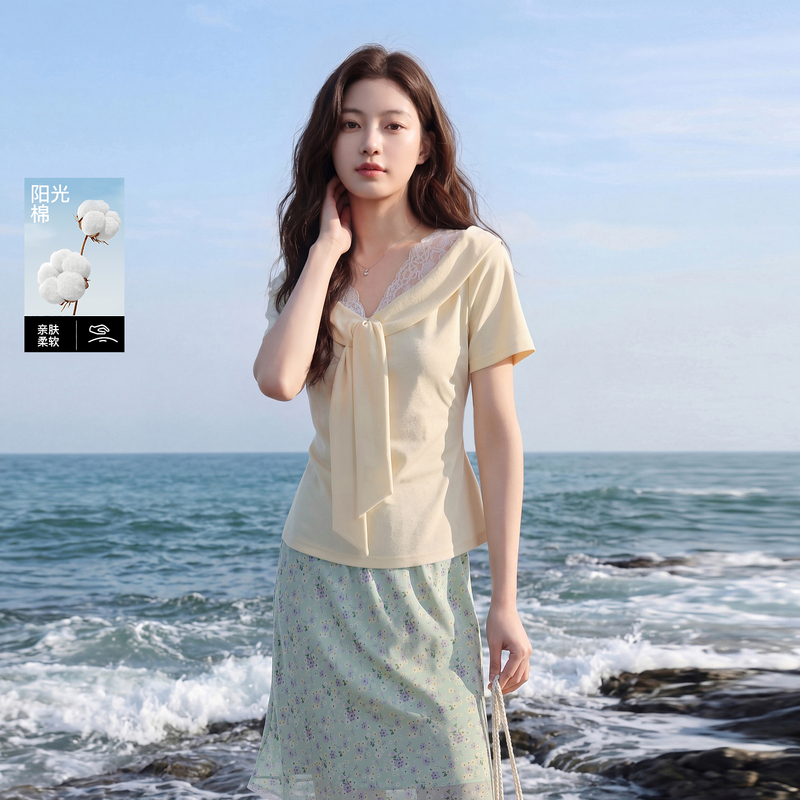 13485213.三彩若潮大码女装2026夏季新款花边V领T恤收腰飘带显瘦微胖MM