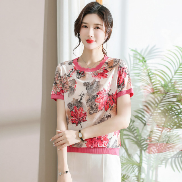 13523382.妈妈装夏季针织衫印花薄款T恤5806