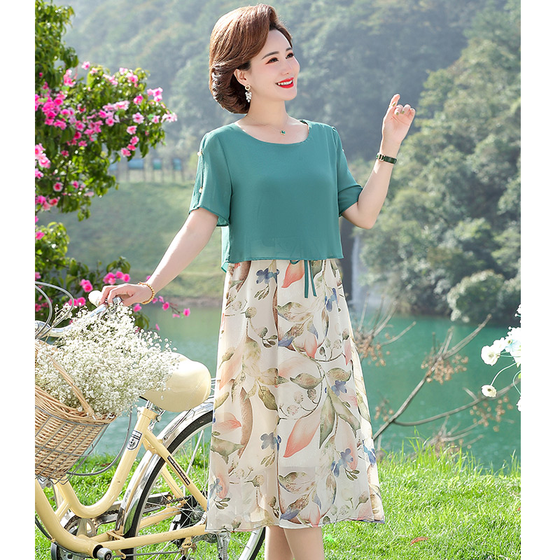 13523337.妈妈装夏季圆领拼接假两件优雅连衣裙2270