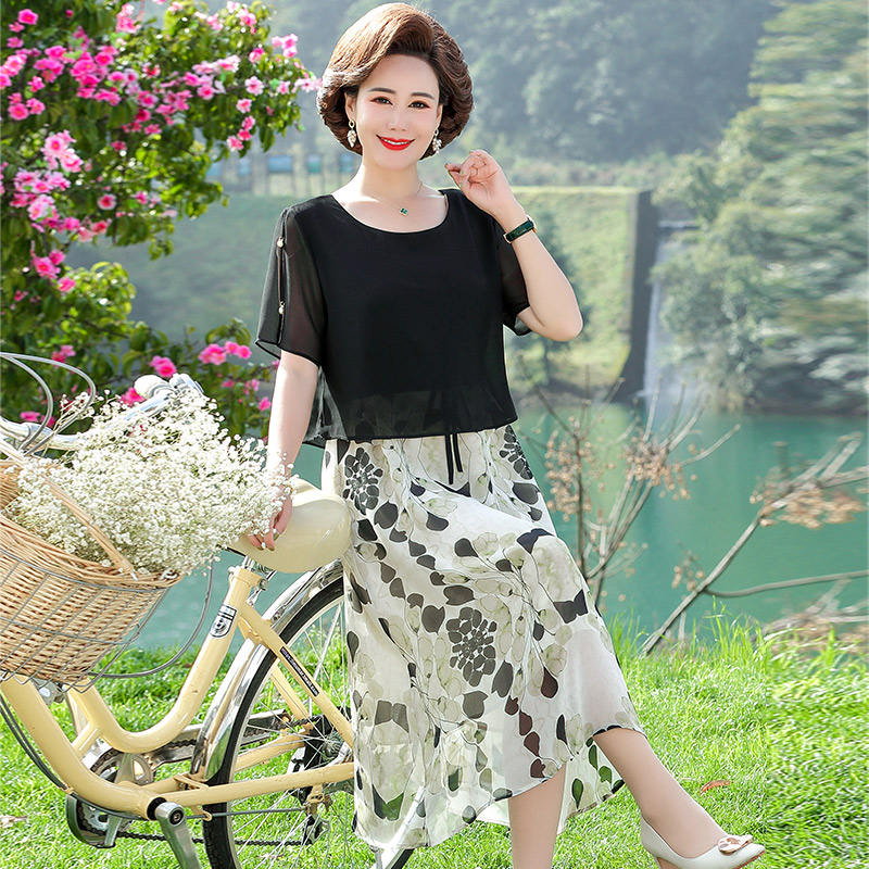 13523338.妈妈装夏季圆领拼接假两件优雅连衣裙2272