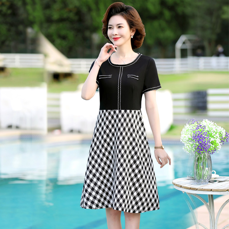 13522954.妈妈装夏季中长款拼接撞色连衣裙