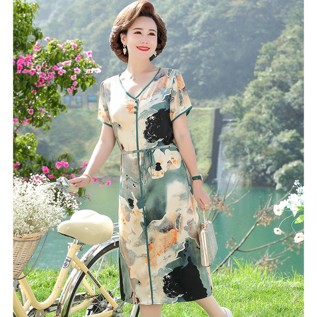 13523385.妈妈装夏季V领花色收腰显瘦洋气连衣裙2285