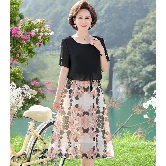 13523338.妈妈装夏季圆领拼接假两件优雅连衣裙2272