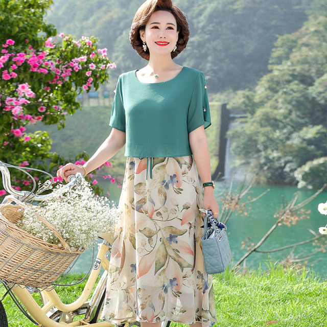13523337.妈妈装夏季圆领拼接假两件优雅连衣裙2270