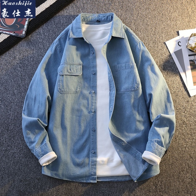 13525137.休闲港风男士牛仔衬衫长袖夏季薄款宽松高级感