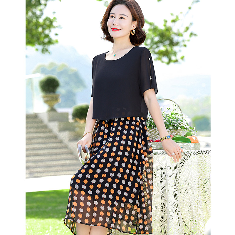 13523339.妈妈装夏季圆领拼接假两件优雅连衣裙2151