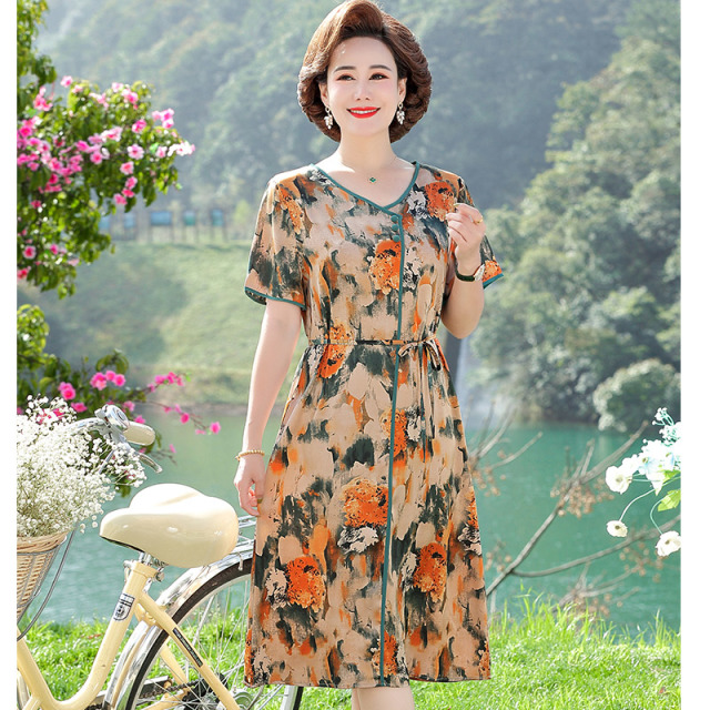 13523386.妈妈装夏季V领花色收腰显瘦洋气连衣裙2287