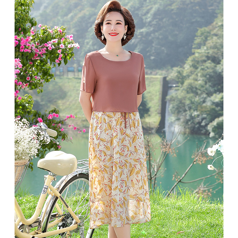 13522941.妈妈装夏季圆领拼接假两件优雅连衣裙