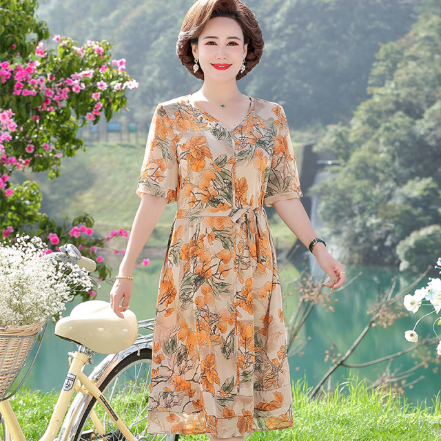 13523359.妈妈装夏季V领花色收腰显瘦洋气连衣裙2266
