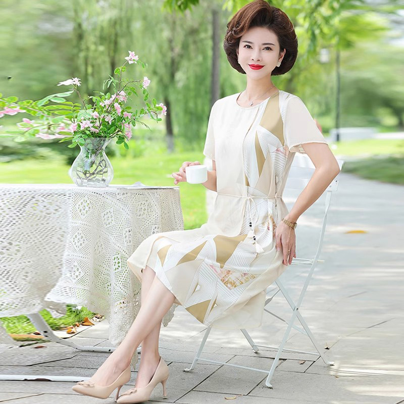 13522969.妈妈装夏季假两件花色洋气优雅时尚连衣裙