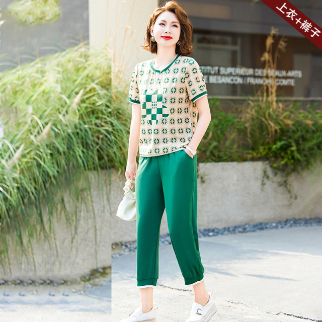 13523334.妈妈装夏季圆领洋气T恤+松紧腰休闲裤两件套装2329