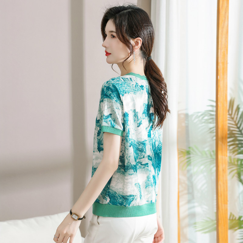 13523381.妈妈装夏季针织衫印花薄款T恤5805