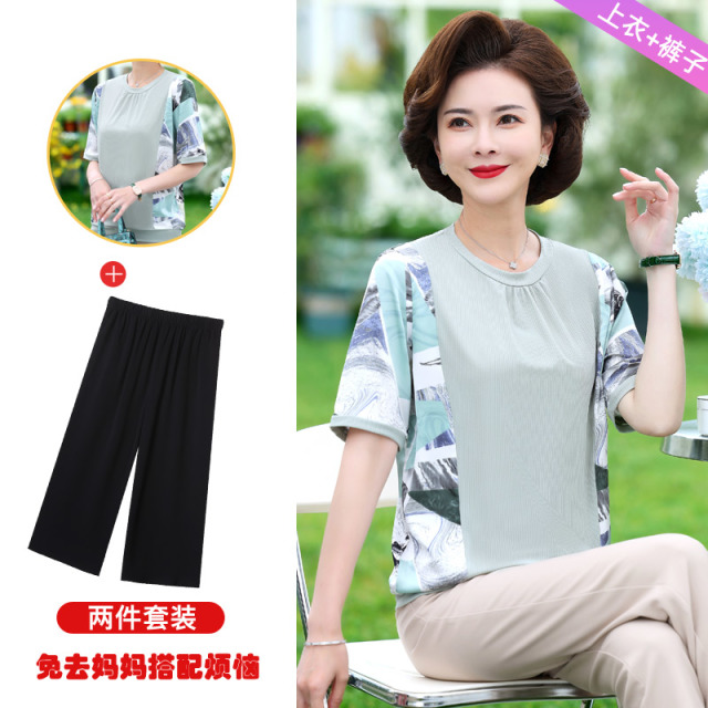 13523364.妈妈装夏季印花薄款T恤+阔腿裤套装3810