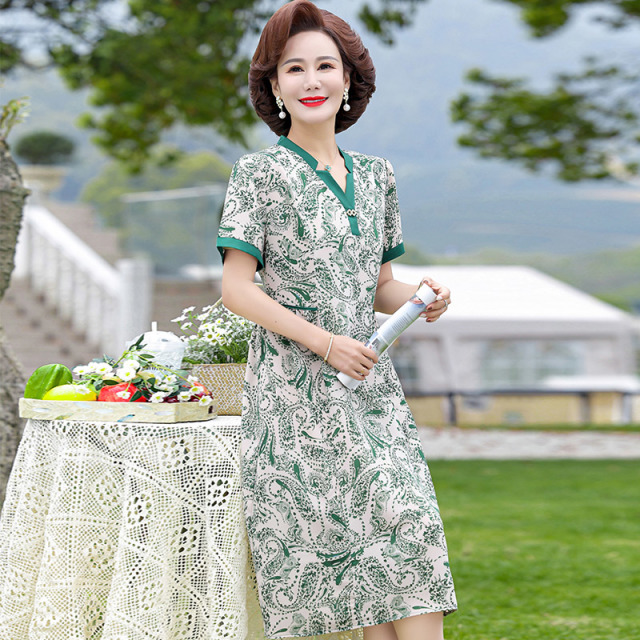 13523387.妈妈装夏季V领花色收腰显瘦洋气连衣裙2368