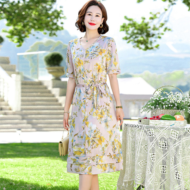 13523375.妈妈装夏季V领花色收腰显瘦洋气连衣裙2335