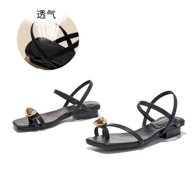 13527496.墨斯本方头粗跟套趾法式凉鞋女款新款时尚高级透气百搭休闲女式凉鞋12771