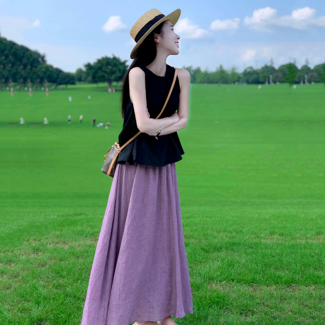 13527645.【懒人省心衣橱】夏季温柔风圆领无袖上衣A字大摆半裙显瘦女套装