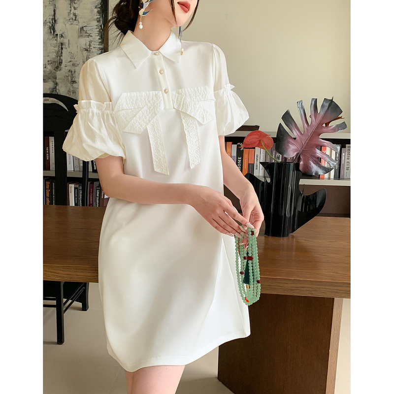 13290605.【梦幻仙感淑女】夏精美制作蝴蝶结泡泡感灯笼袖针织连衣裙女短款